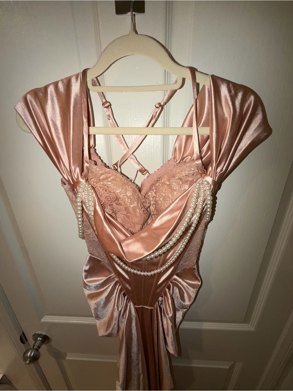 Pearl-Embellished Satin & Lace Dress in Blush Pink